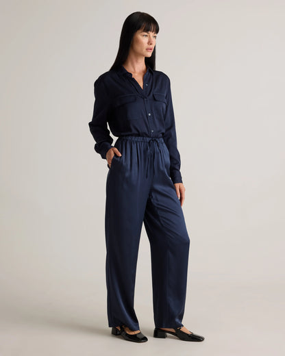 100% Washable Silk Drawstring Wide Leg Pants - XS / Champagne