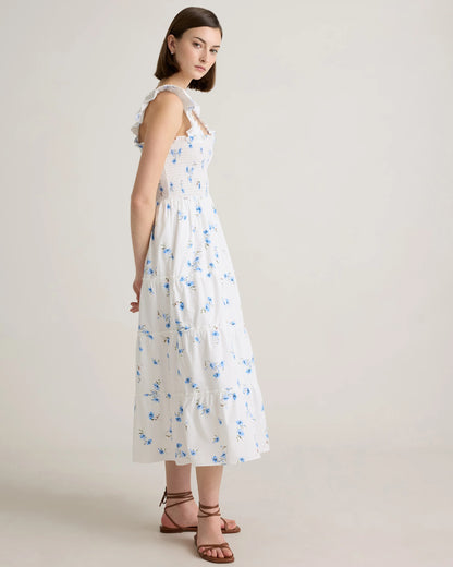 100% Organic Cotton Poplin Smocked Midi Dress - XS / Riviera Blue Heirloom Floral