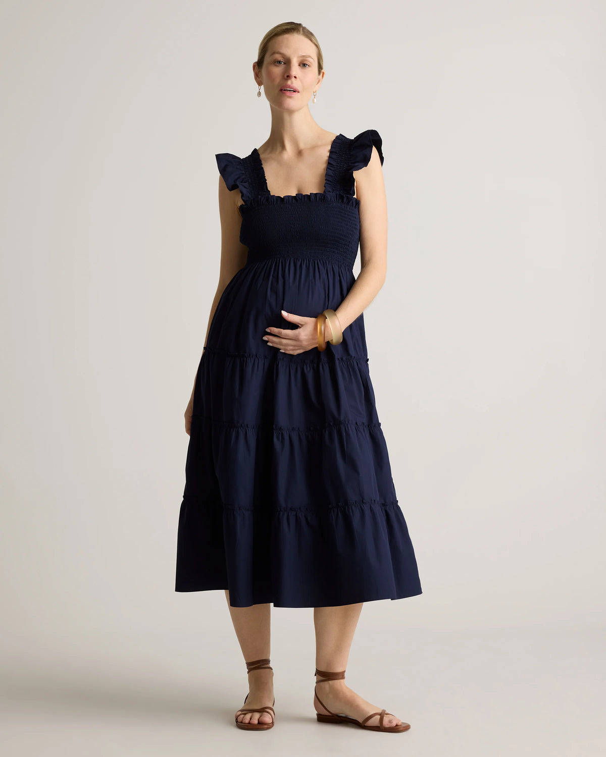 100% Organic Cotton Poplin Maternity Smocked Midi Dress - XS / Classic White