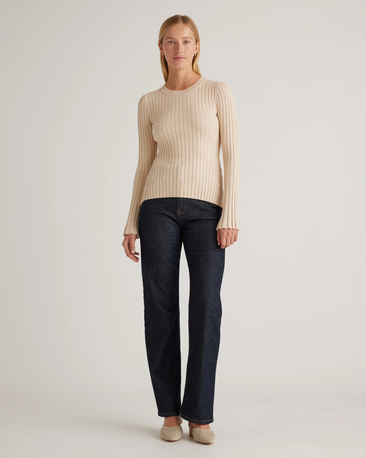 Cotton Cashmere Ribbed Long Sleeve Sweater - XS / Sugar Stone