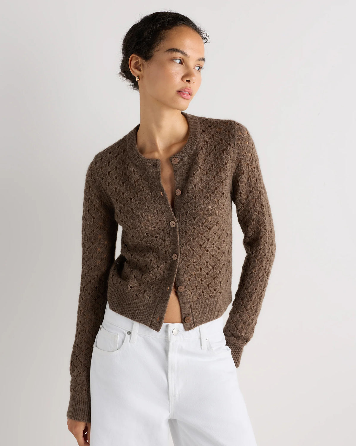 100% Yak Wool Pointelle Detail Cardigan - XS / Heather Brown