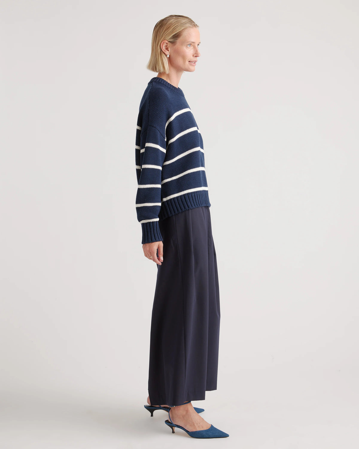100% Organic Cotton Striped Crew Sweater - XS / Heather Brown/Ivory