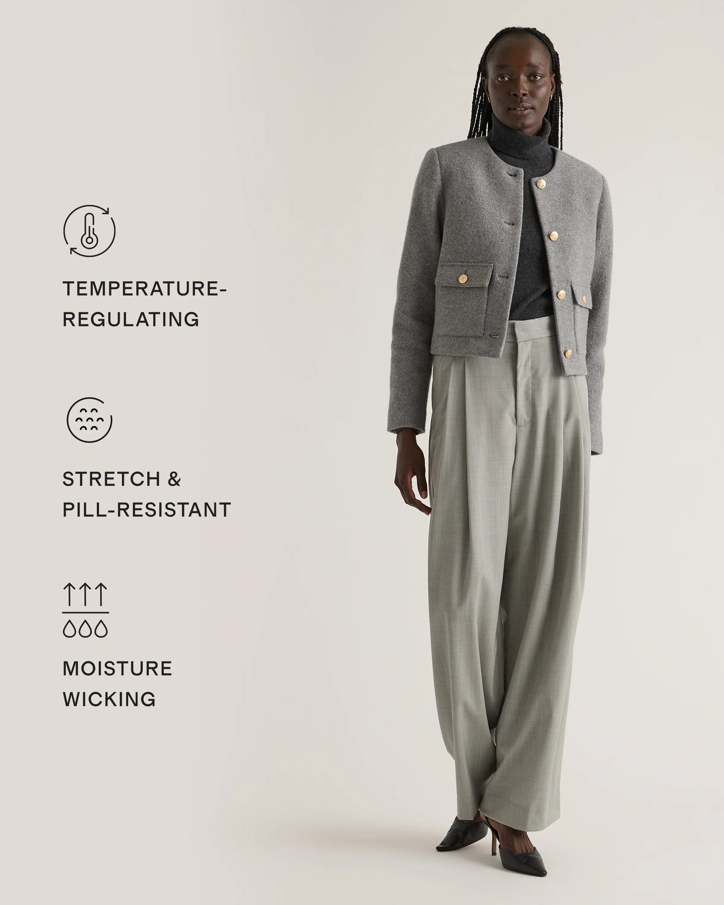 100% Merino Wool Collarless Cropped Jacket - XS / Heather Bone