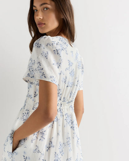 100% European Linen Tiered Maxi Dress - XS / Ivory Porcelain Blue Petite Floral