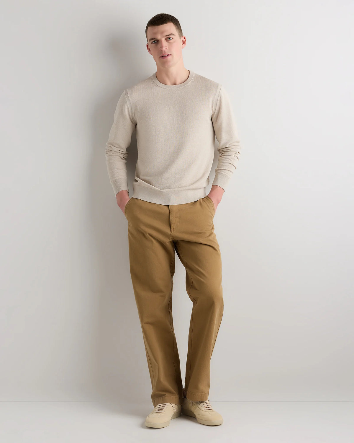 Organic Cotton-Silk Pique Crewneck Sweater - S / Speckled Beige