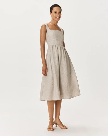 100% European Linen Fit & Flare Midi Dress - XS / Ivory Porcelain Blue Petite Floral