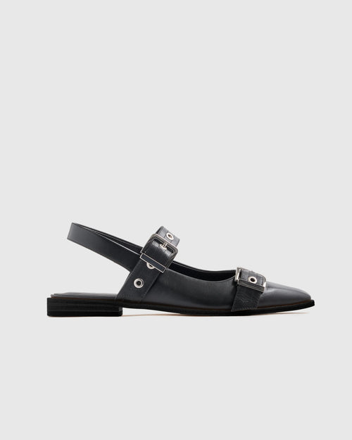Italian Leather Bold Buckle Slingback Flat - 5 / Black