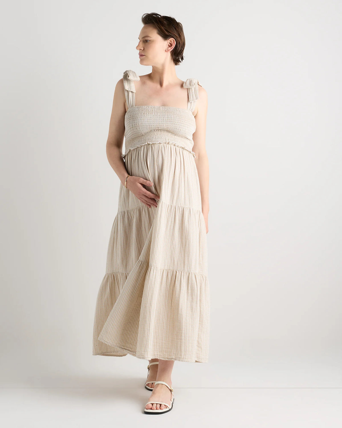 100% Organic Cotton Gauze Smocked Sleeveless Midi Dress - XS / Khaki Gingham