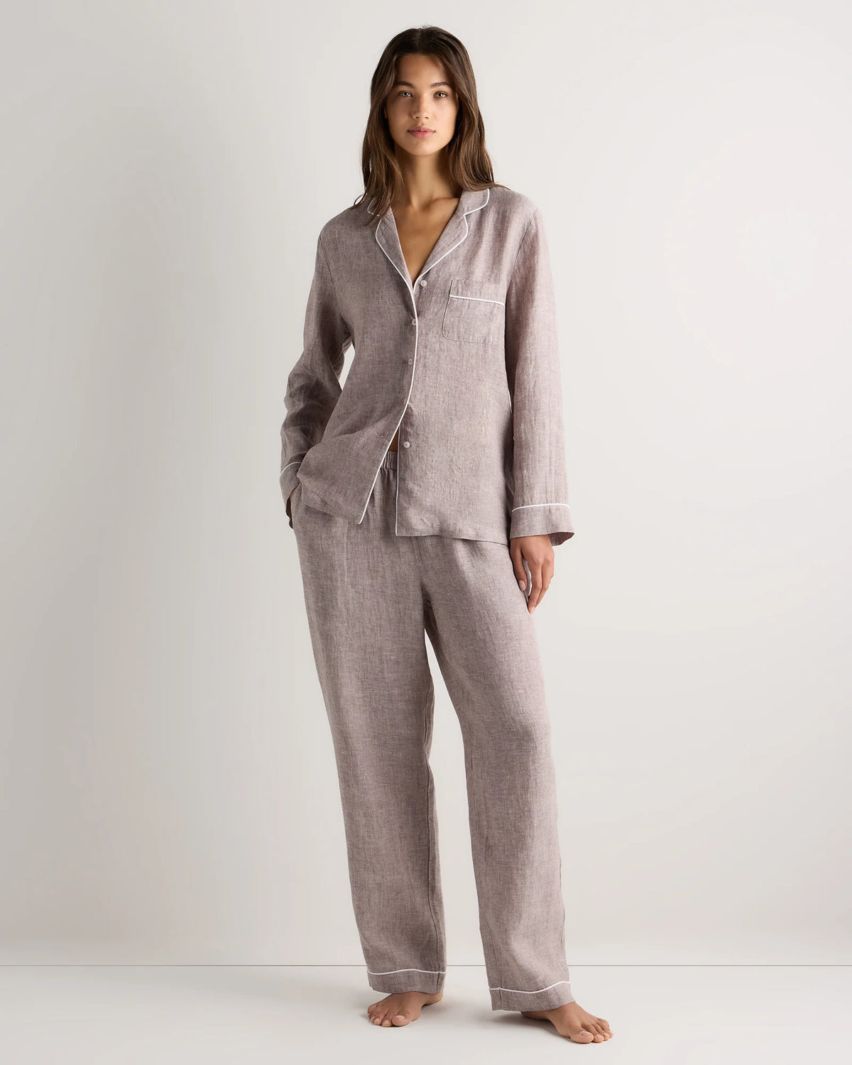 100% European Linen Long Sleeve Pajama Set with Piping - XS / Taupe Brown Gingham