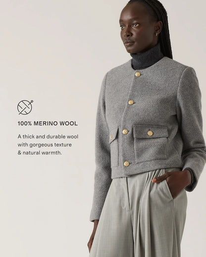 100% Merino Wool Collarless Cropped Jacket - XS / Heather Bone