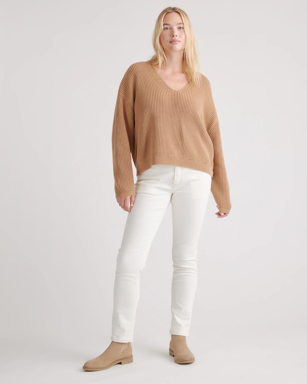 100% Organic Cotton Fisherman V-Neck Sweater - XS / Heather Brown