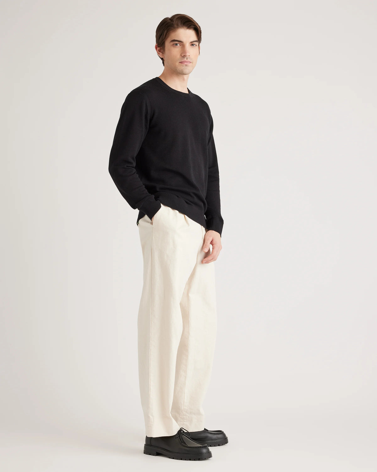 Organic Cotton-Silk Pique Crewneck Sweater - S / Speckled Beige