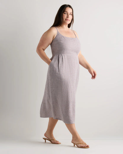 100% European Linen Scoop Neck Midi Dress - 1X / Deep Navy