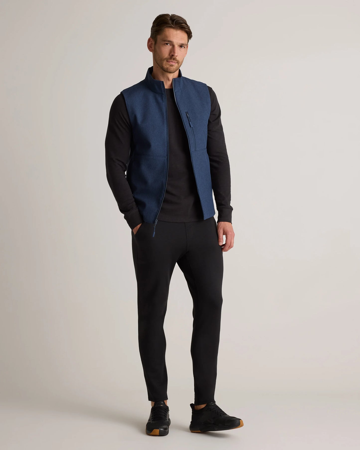 Softshell Fleece-Lined Full-Zip Vest - S / Heather Deep Navy