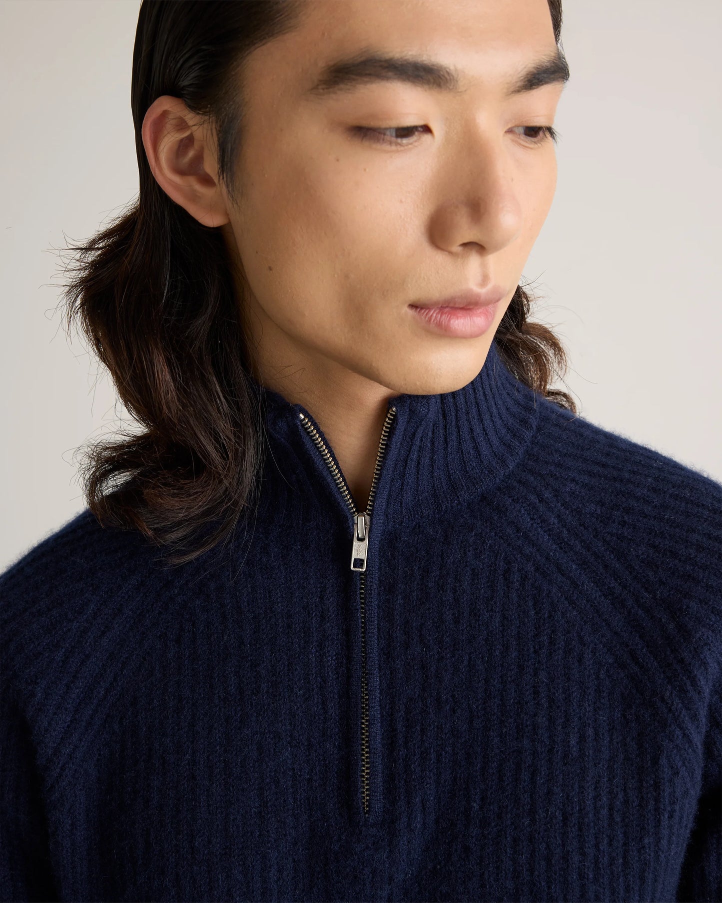 Mongolian Cashmere Fisherman Quarter Zip Sweater - S / Navy Marl