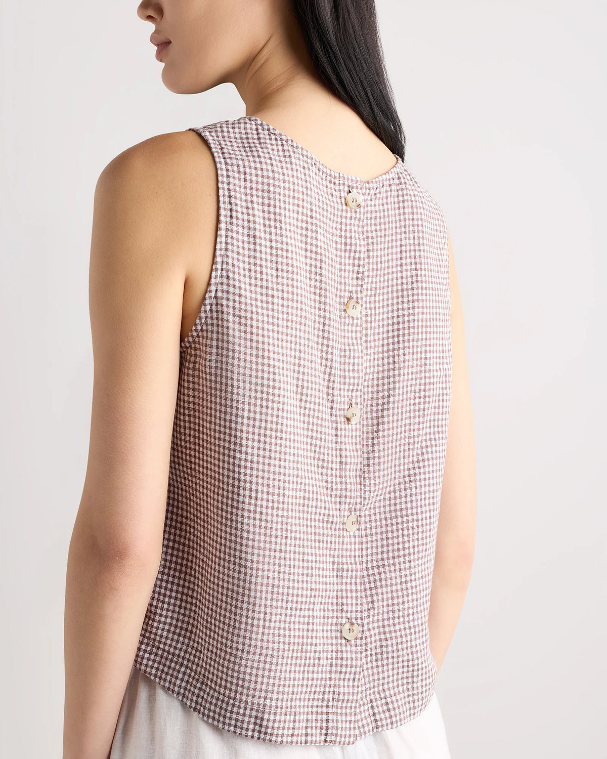 100% European Linen Cropped Tank - XS / Taupe Brown Gingham