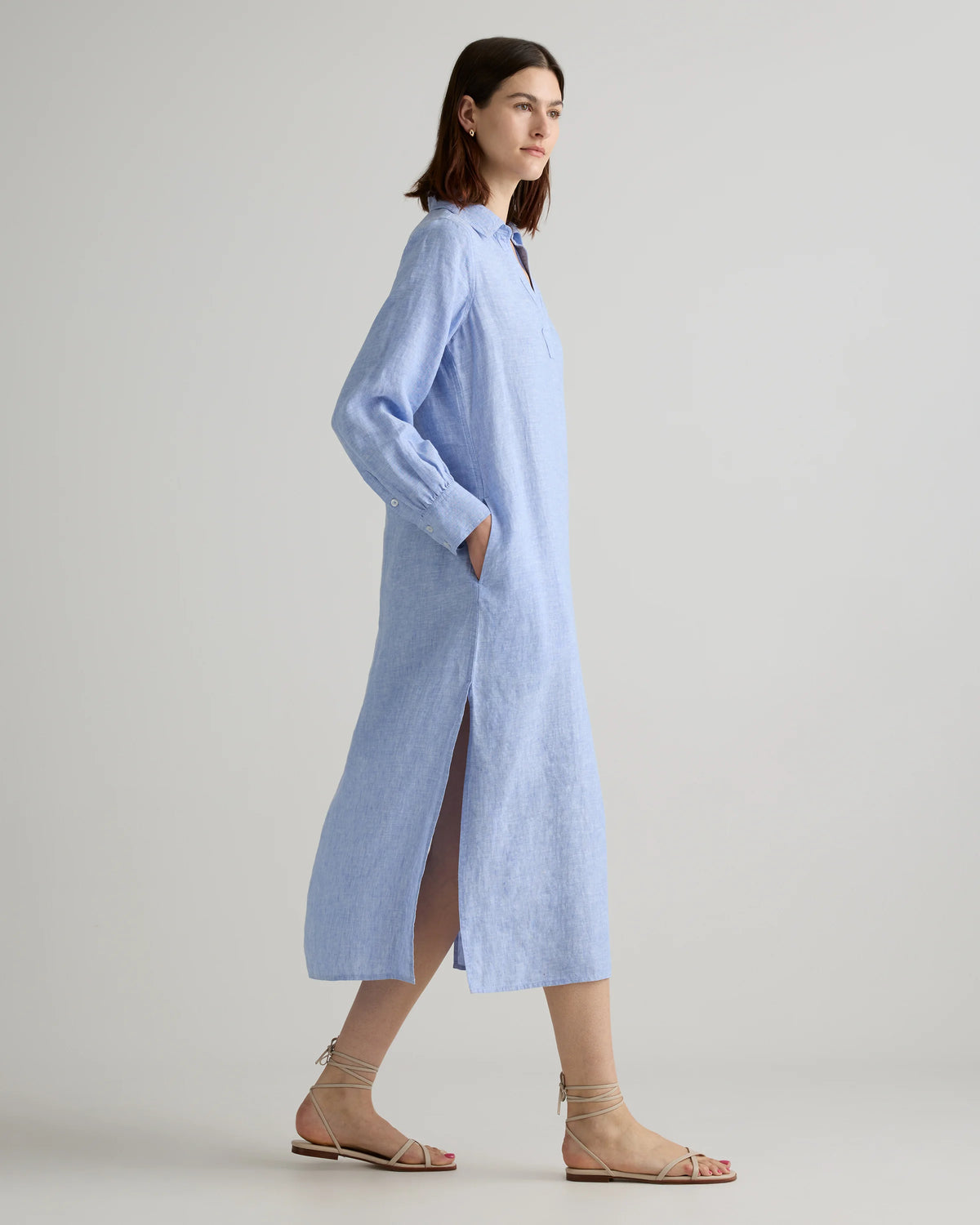 100% European Linen Popover Maxi Dress - XS / Blue Pinstripe