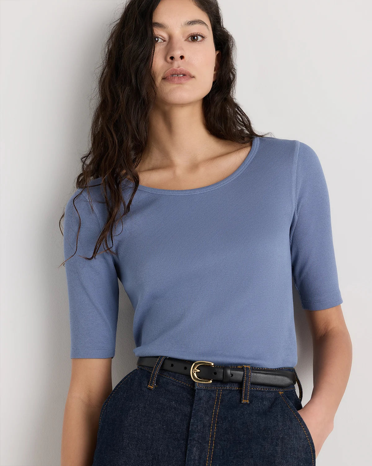 Organic Cotton Micro-Rib Elbow Sleeve Tee - XS / Moonstone Blue