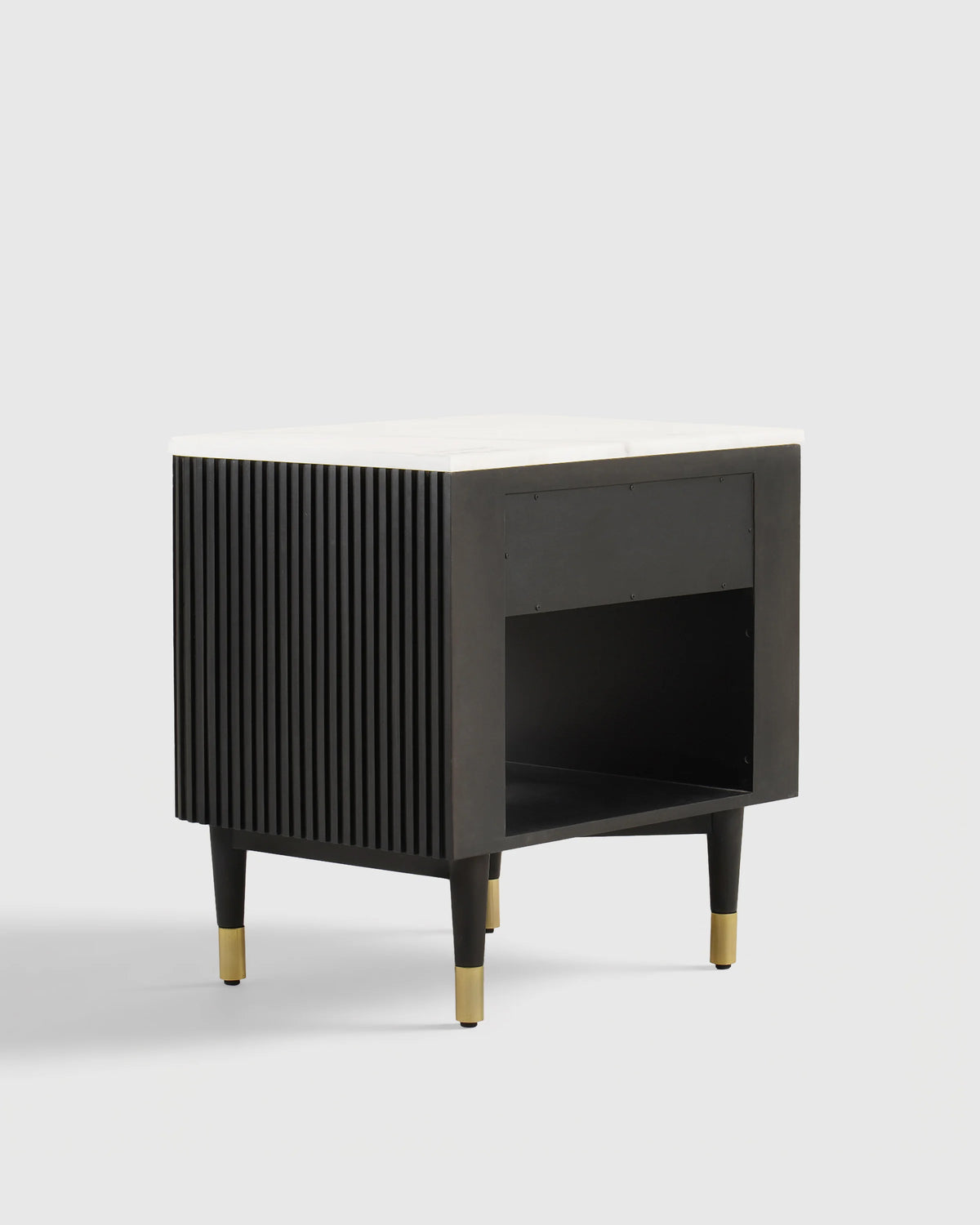 Fluted Wood and Genuine Marble Open Nightstand - One Size / Cream/Black