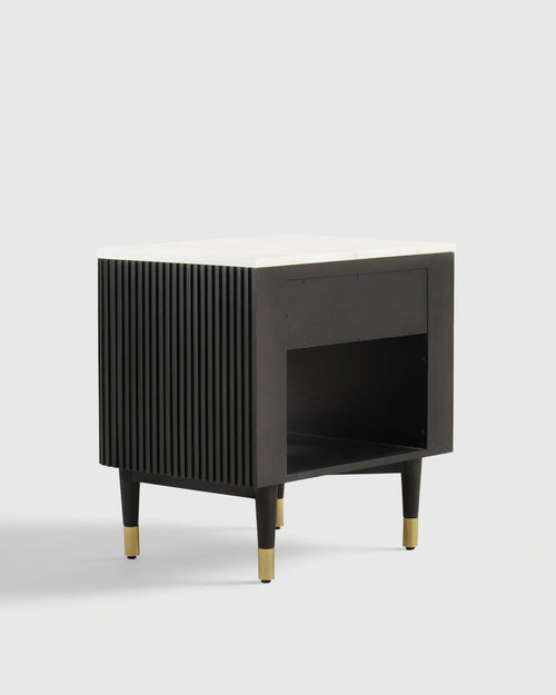 Fluted Wood and Genuine Marble Open Nightstand - One Size / Cream/Black