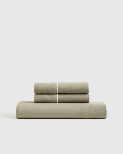 European Linen Piped Fitted Sheet Set - Twin / Mist/White