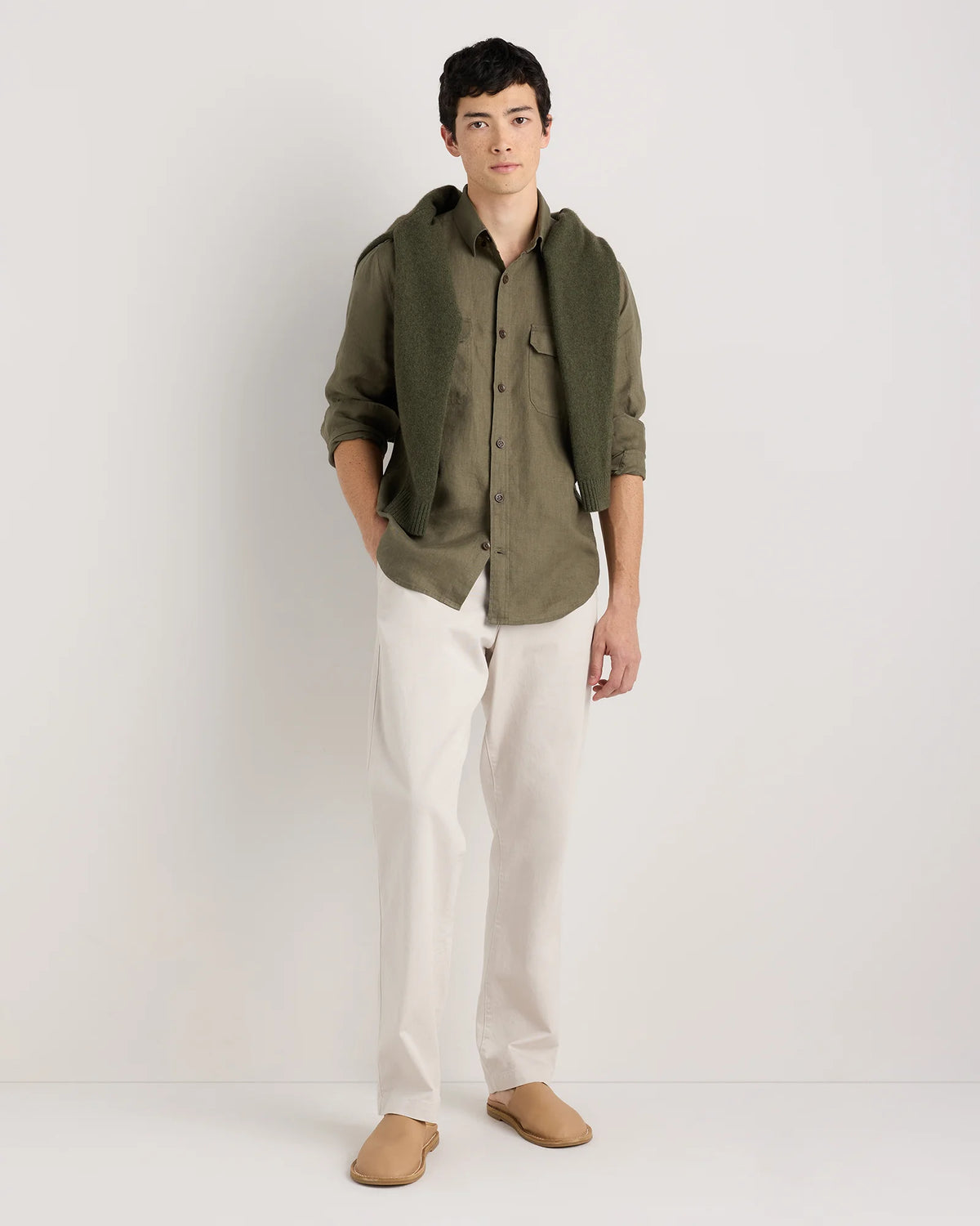 100% European Linen Utility Shirt - S / Taupe Brown Chambray