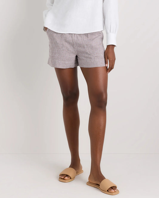 100% European Linen Shorts - XS / Taupe Brown Gingham