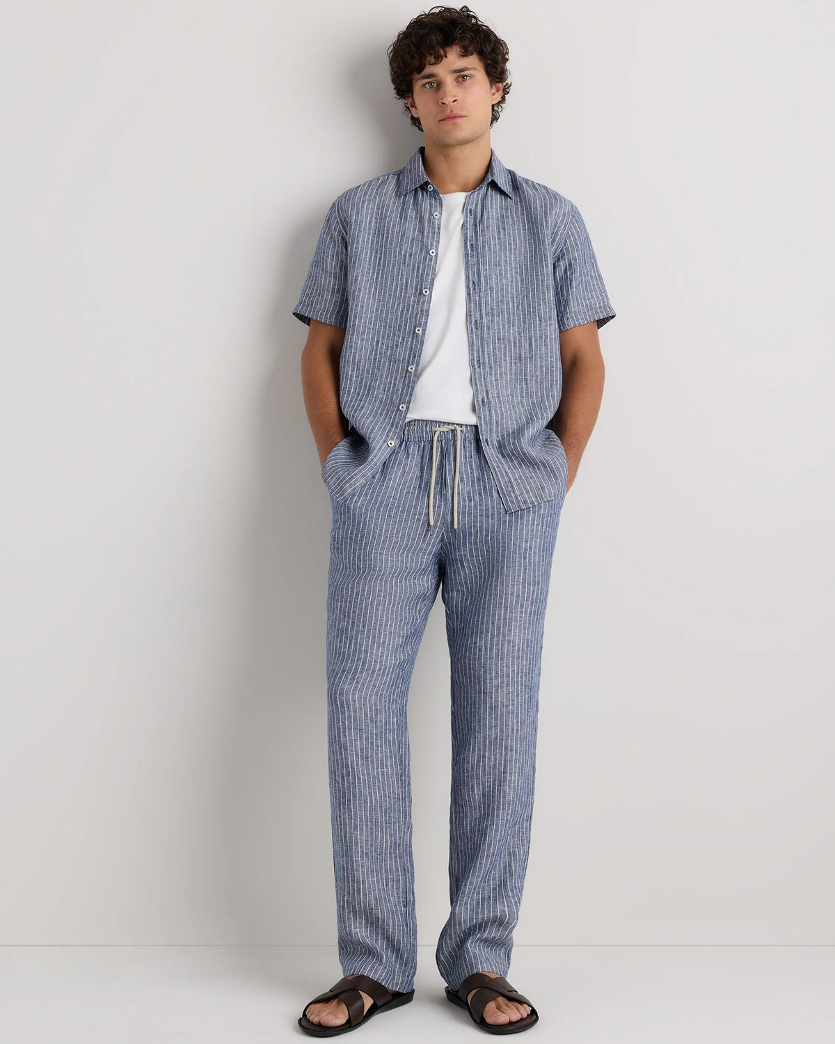 100% European Linen Drawstring Beach Pants - XS / Taupe Brown Chambray