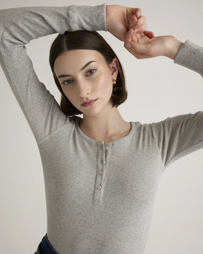 Organic Cotton Micro-Rib Henley Long Sleeve Tee - XS / Heather Oatmeal