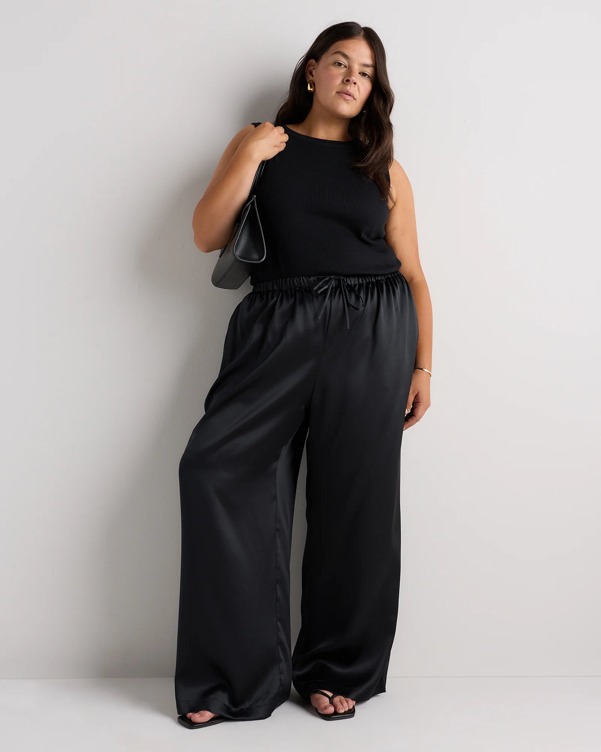100% Washable Silk Drawstring Wide Leg Pants - 1X / Black