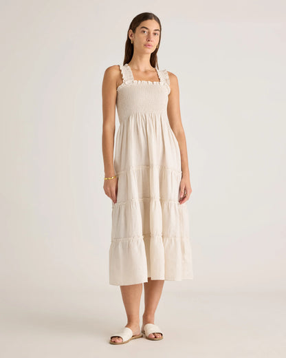 100% European Linen Smocked Midi Dress - XS / Ivory Porcelain Blue Petite Floral