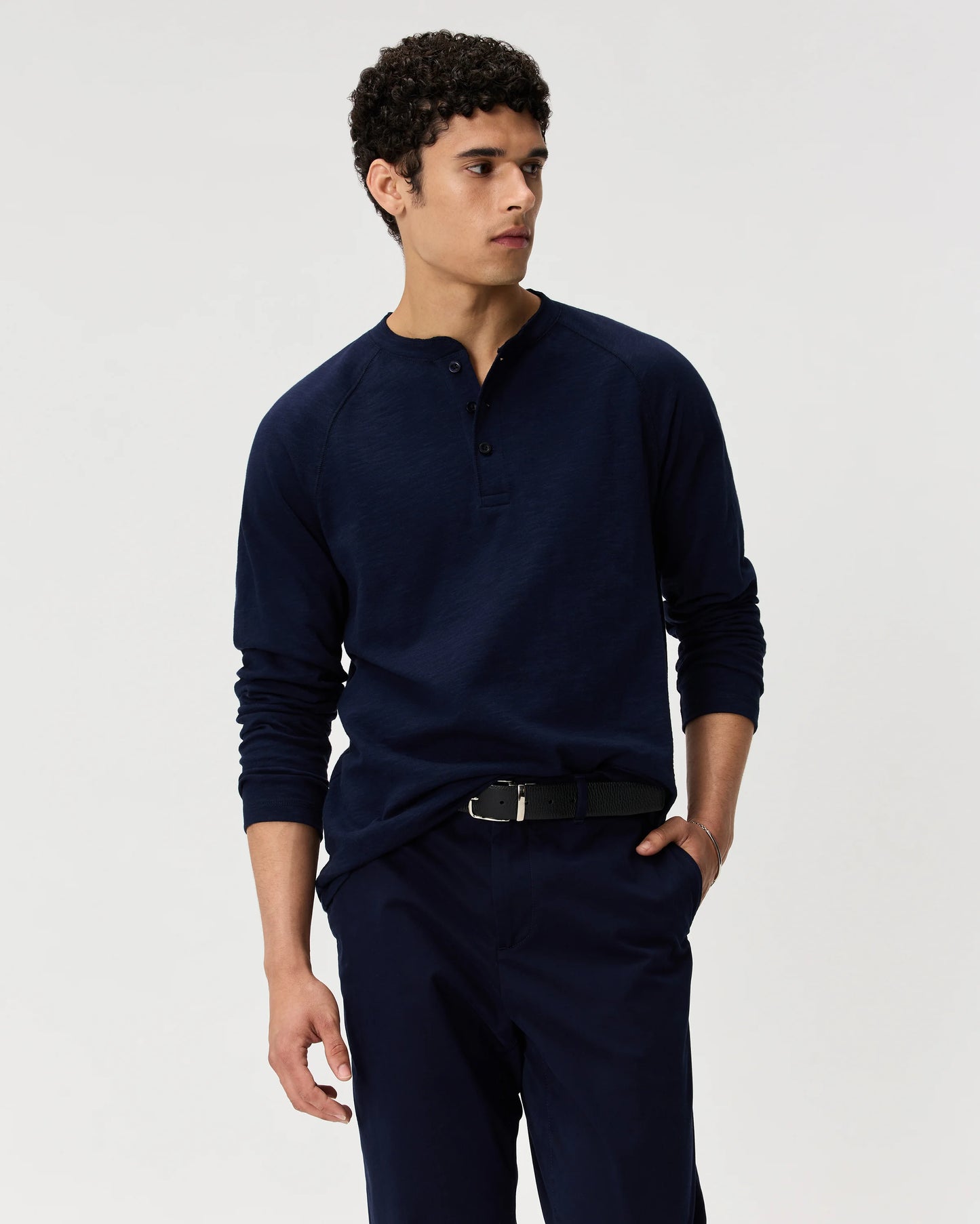 100% Organic Cotton Slub Long Sleeve Henley - S / Deep Navy