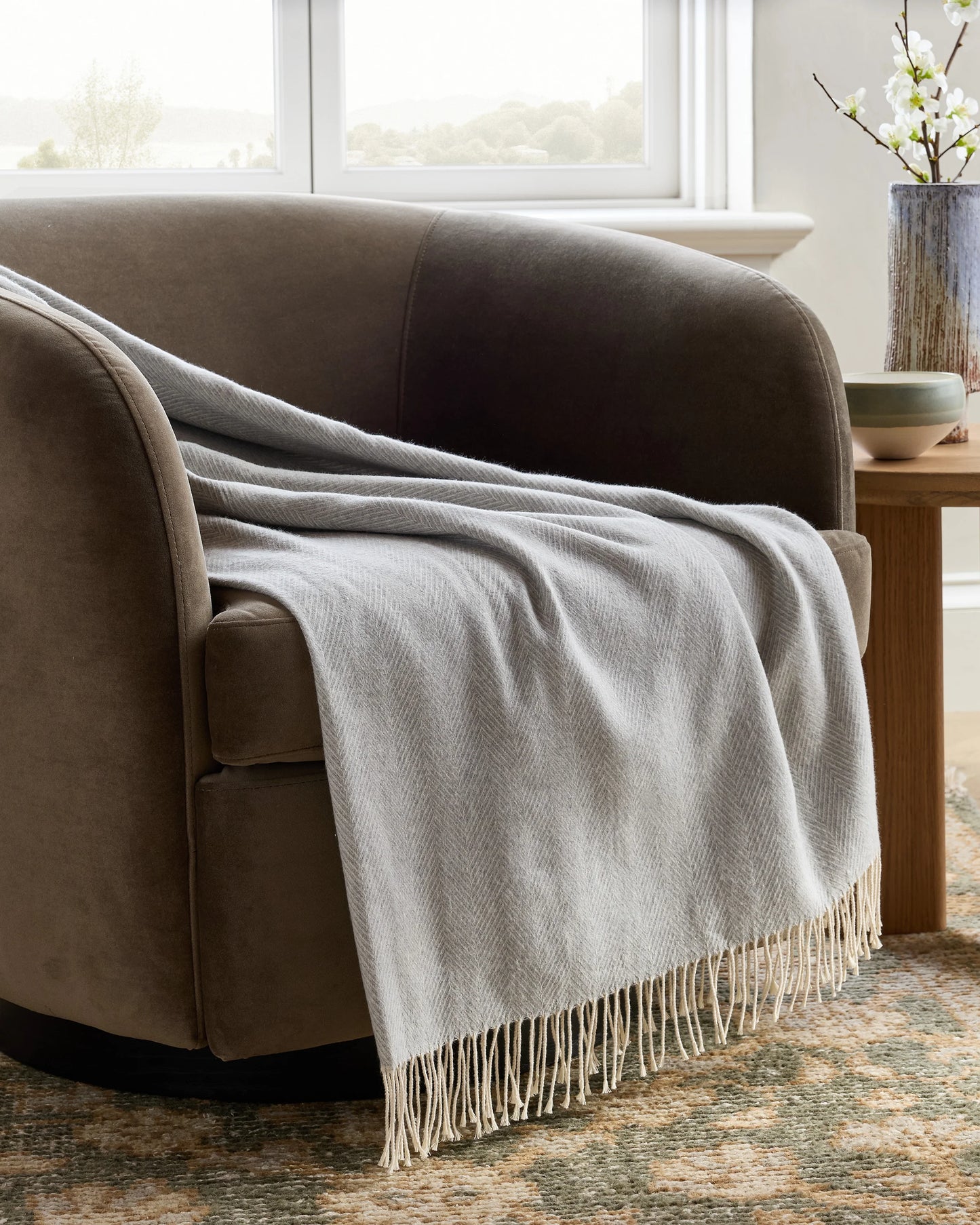 Lightweight Italian Cotton Herringbone Throw - One Size / Mushroom