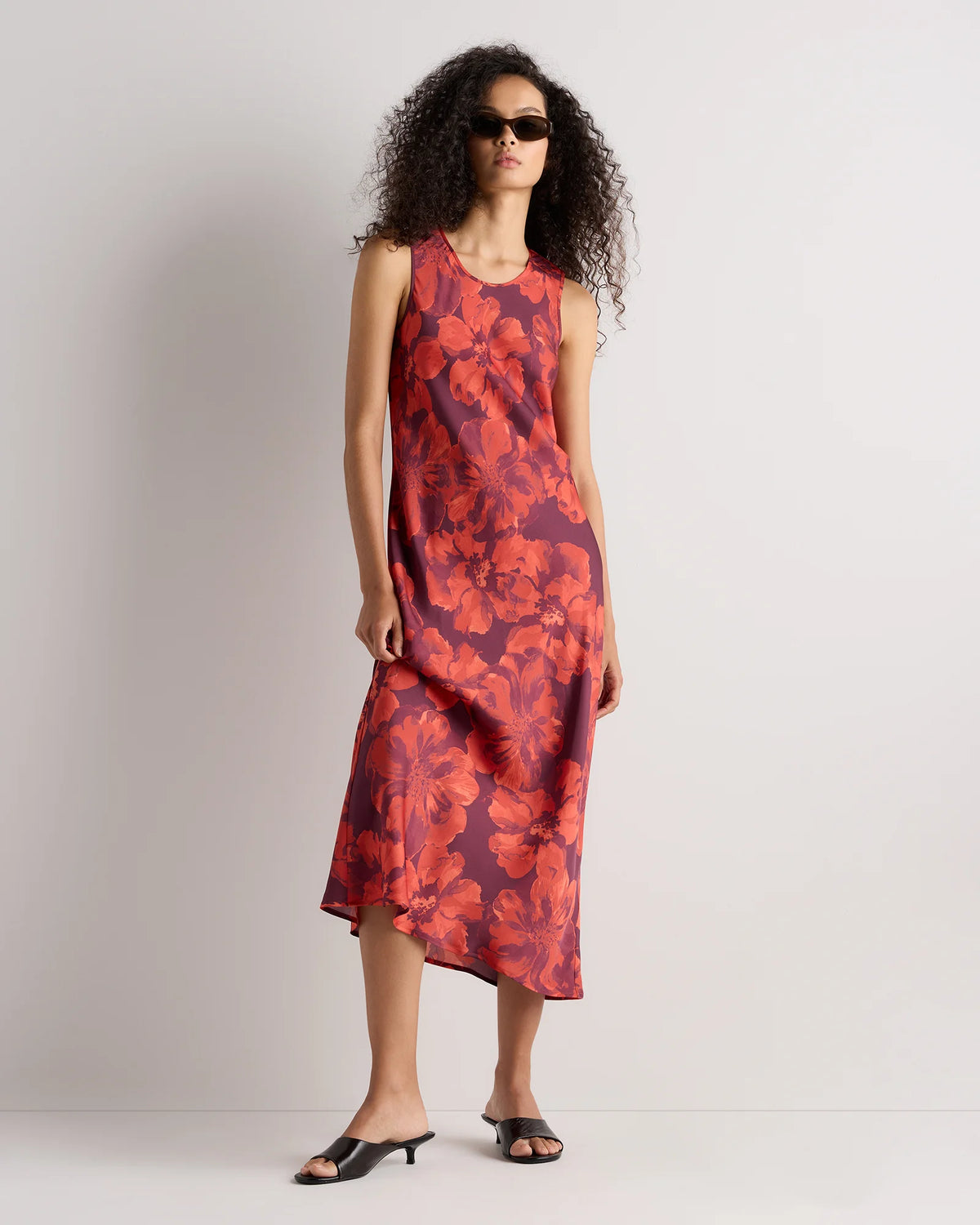 Washable Stretch Silk Tank Midi Dress - XS / Cordovan Red Hibiscus