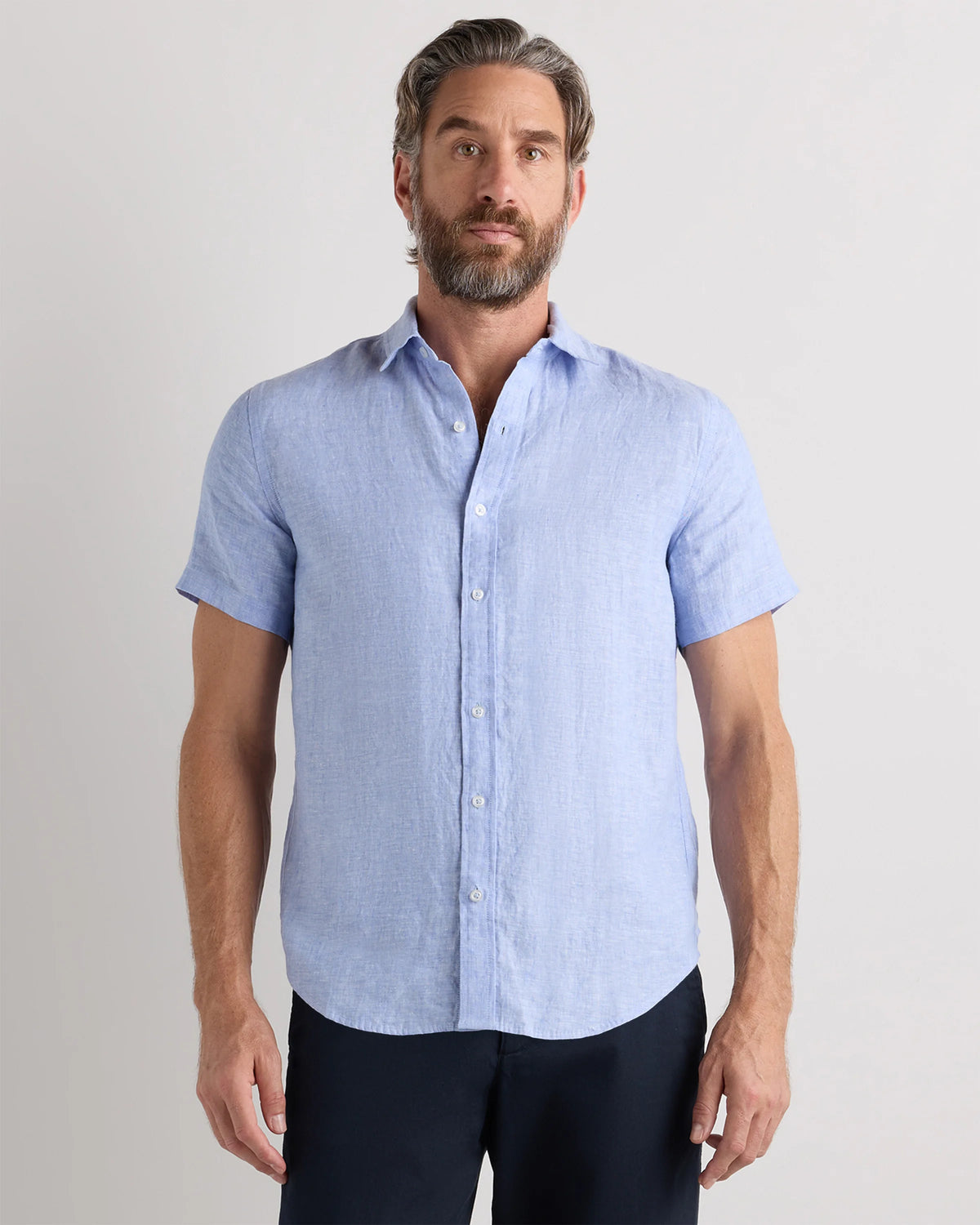 100% European Linen Relaxed Short Sleeve Shirt - XS / Taupe Brown Chambray