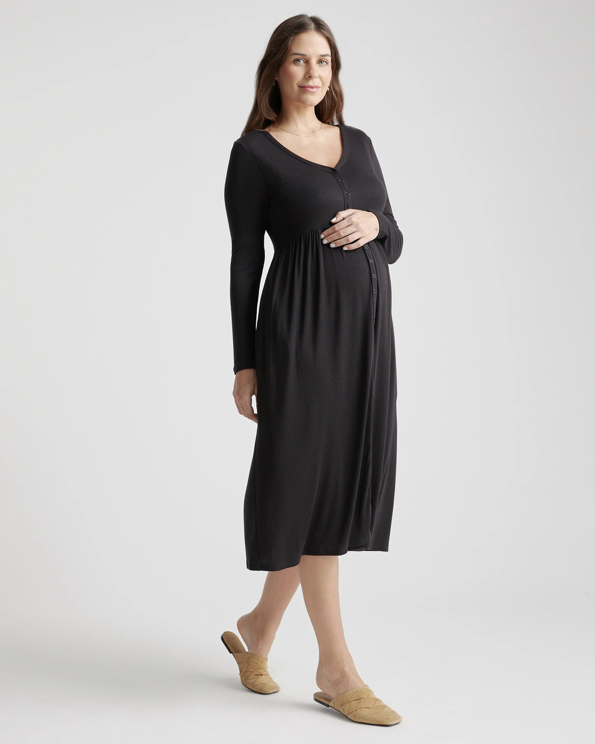 Tencel Rib Maternity & Nursing Button Front Dress - XS / Black