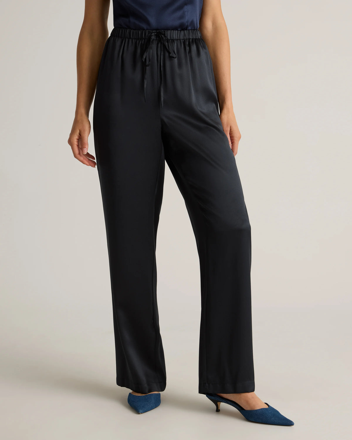 100% Washable Silk Drawstring Wide Leg Pants - XS / Champagne