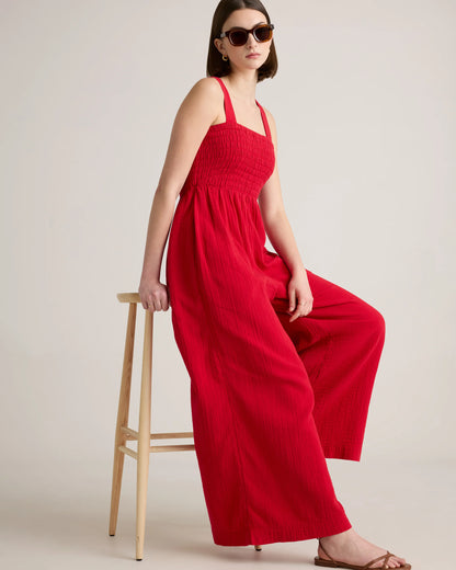 100% Organic Cotton Gauze Smocked Wide Leg Jumpsuit - XS / Spiced Orange