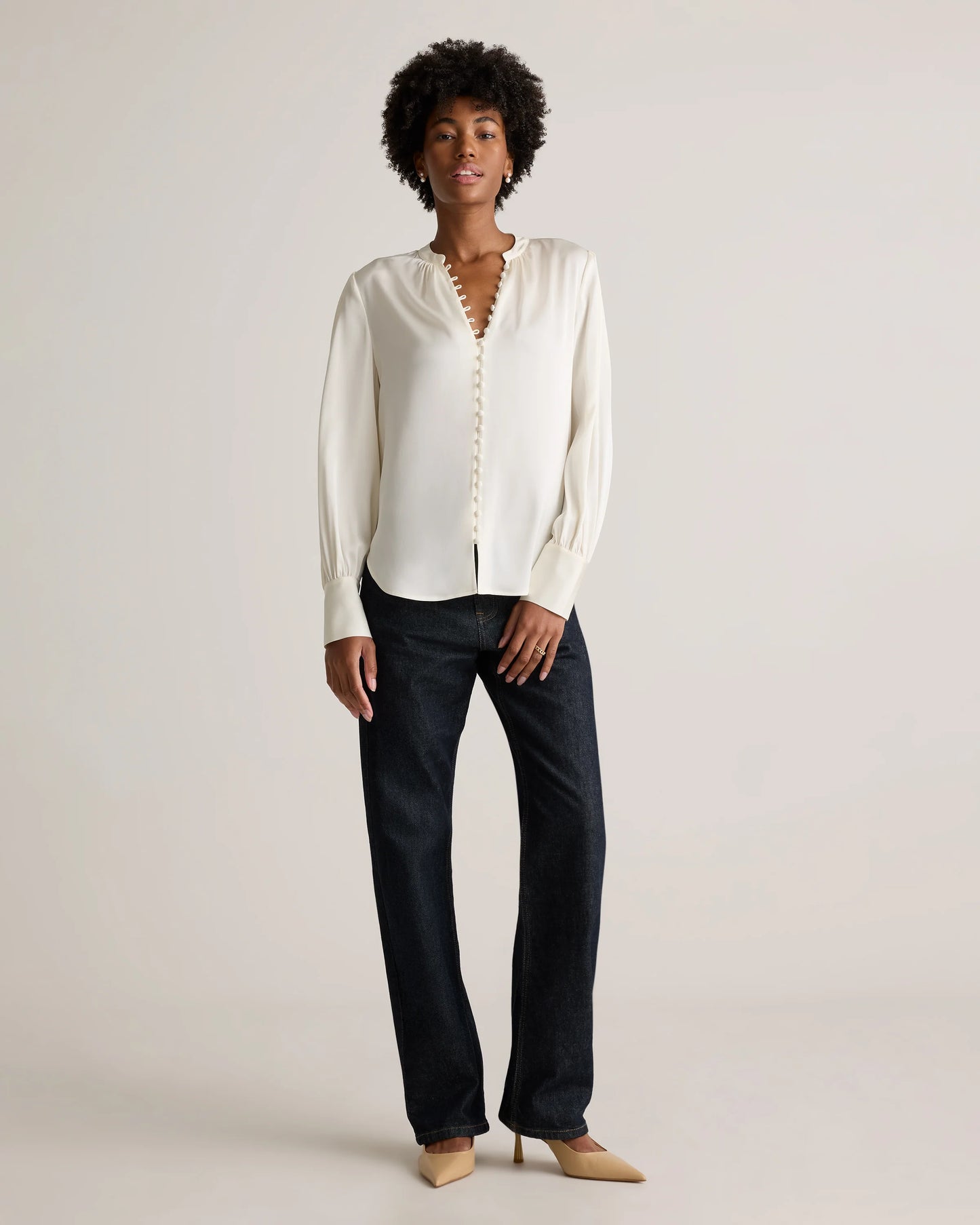 Washable Stretch Silk Peasant Blouse - XS / Ivory