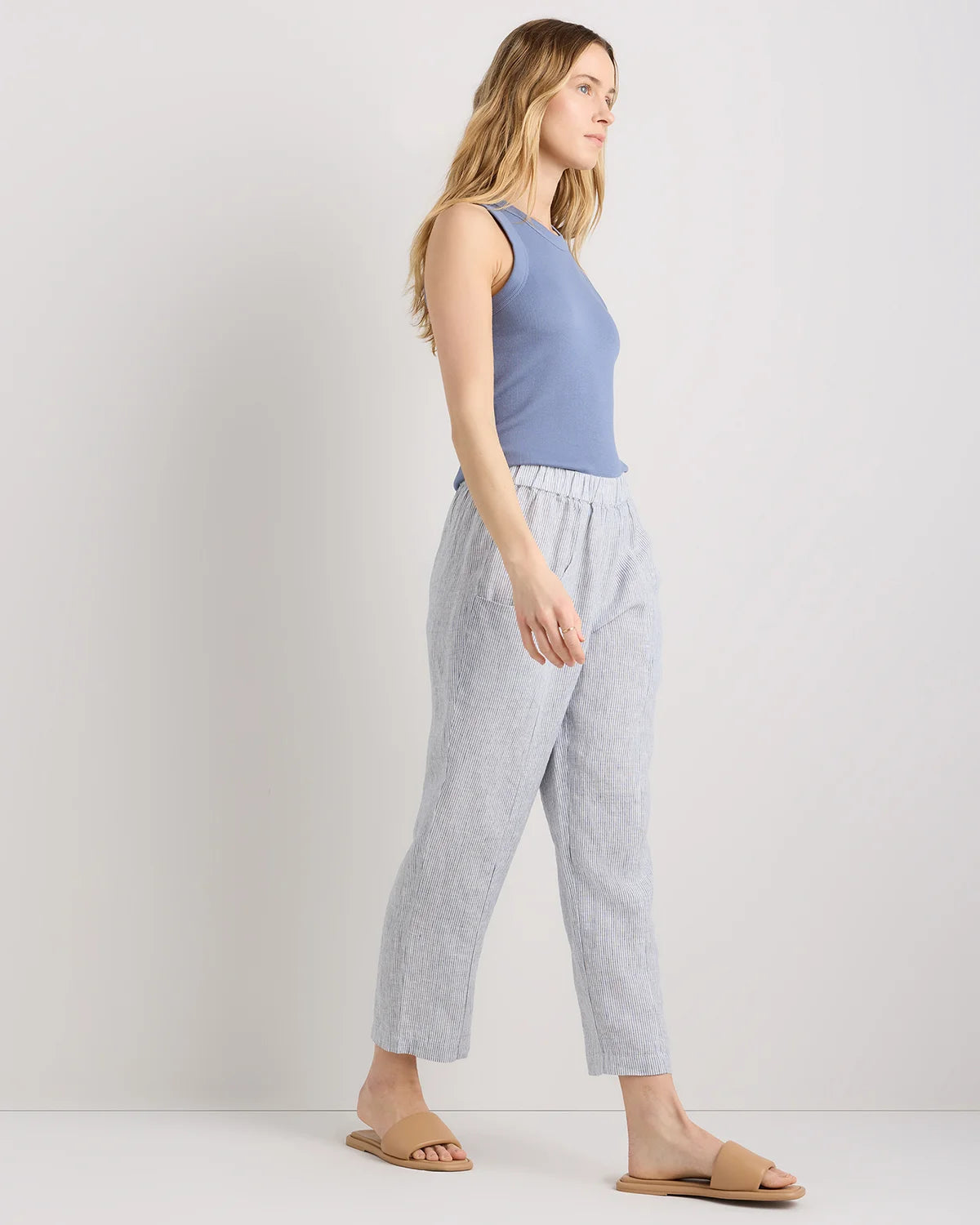 100% European Linen Tapered Ankle Pants - XS / Blue Pinstripe