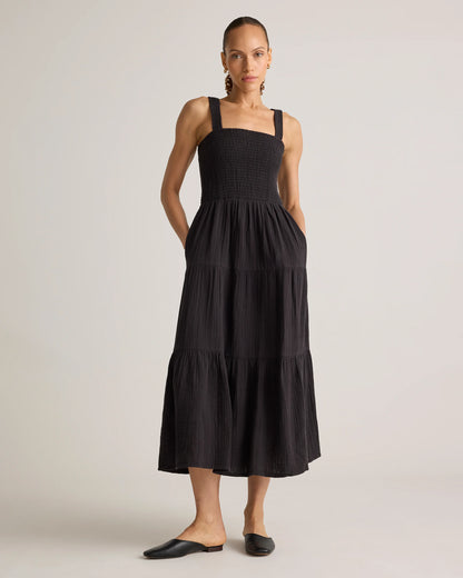 100% Organic Cotton Gauze Smocked Sleeveless Maxi Dress - XS / Blue Gingham