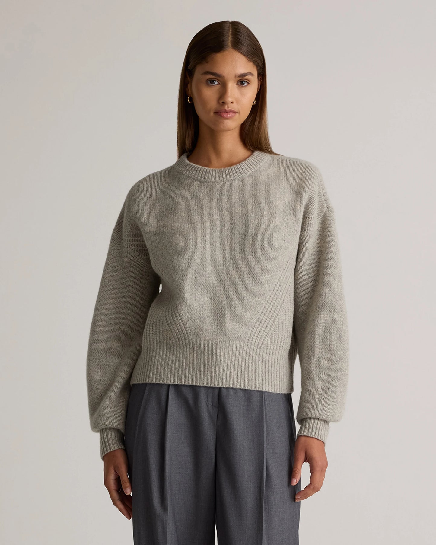 100% Yak Wool Pointelle Detail Relaxed Crew - XS / Heather Brown