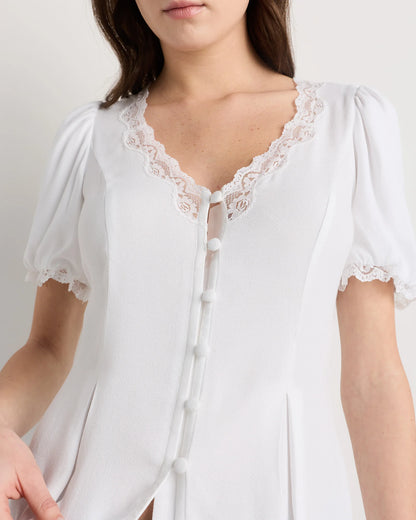 Lightweight Crepe Lace Puff Sleeve Blouse - XS / Ivory Rose Pink Petite Floral