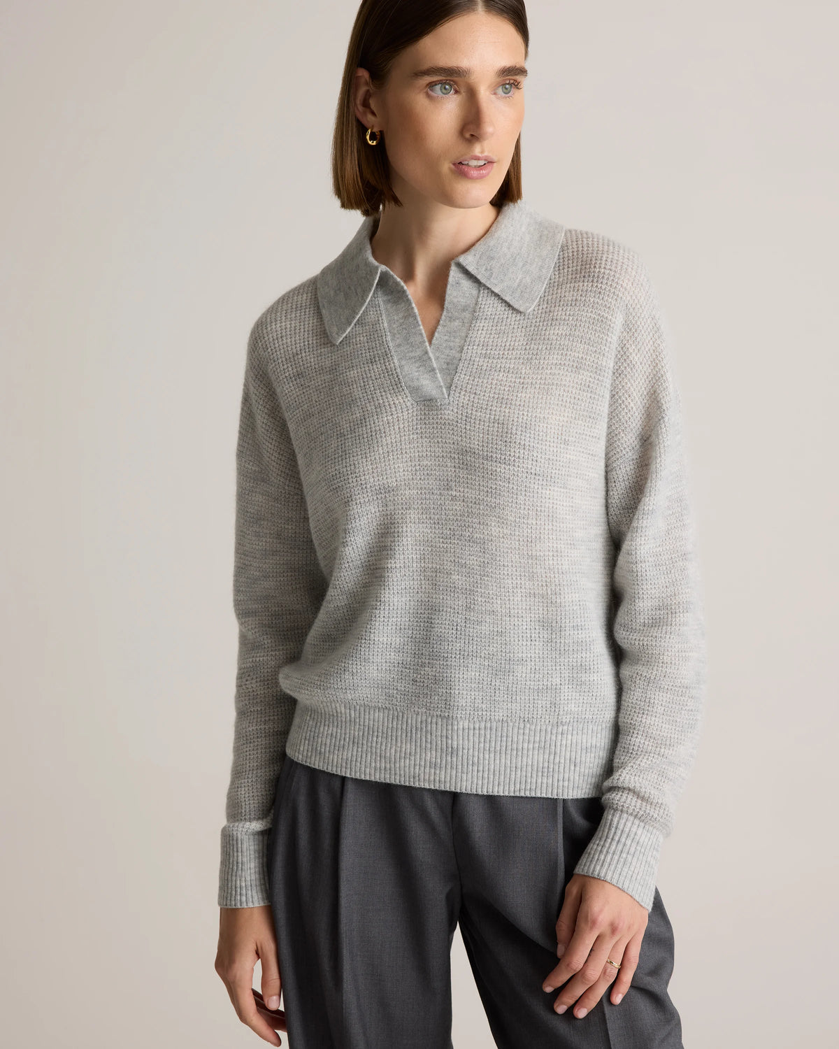 Baby Alpaca-Wool Waffle Stitch Polo Sweater - XS / Ivory