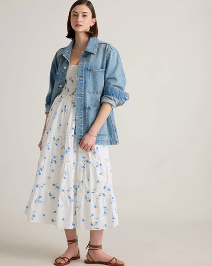 100% Organic Cotton Poplin Smocked Midi Dress - XS / Riviera Blue Heirloom Floral