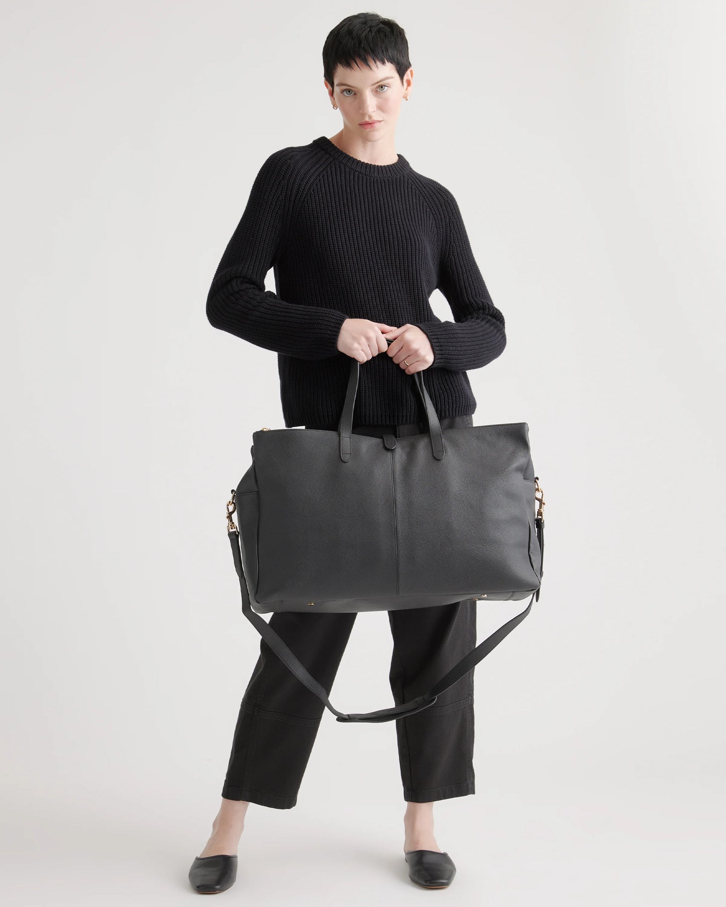 Italian Leather Triple Compartment Weekender - One Size / Black