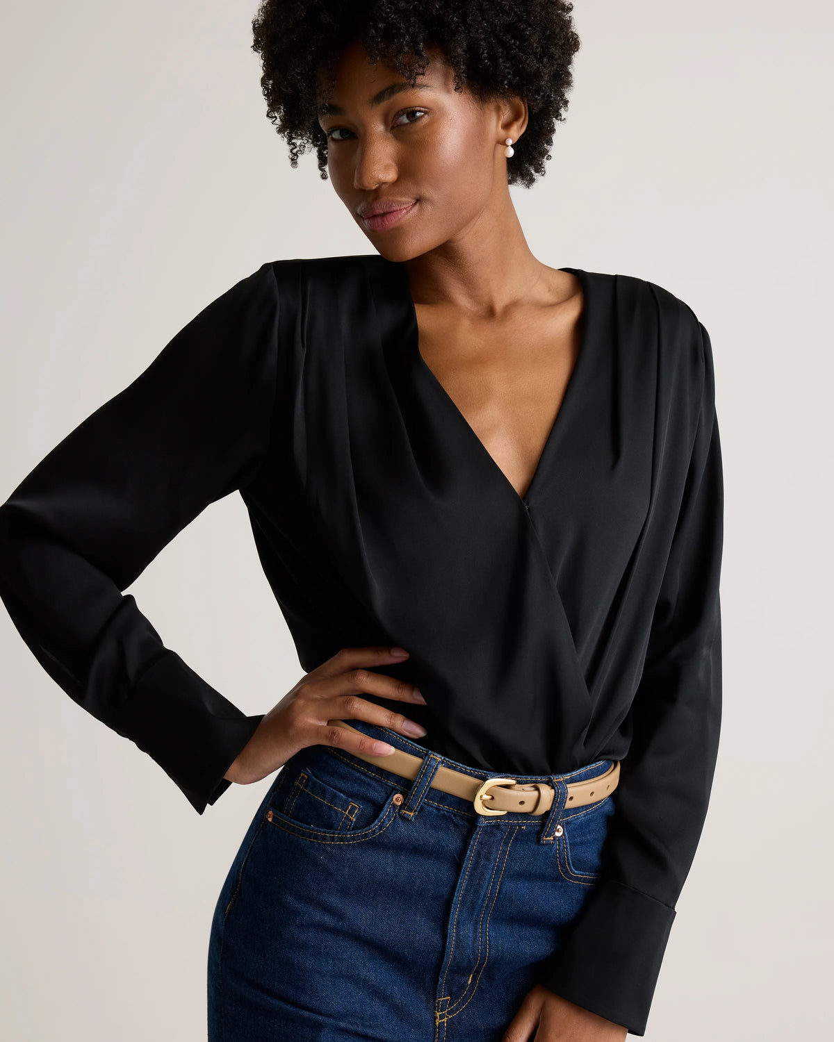Washable Stretch Silk Surplice Bodysuit - XS / Moonstone Blue