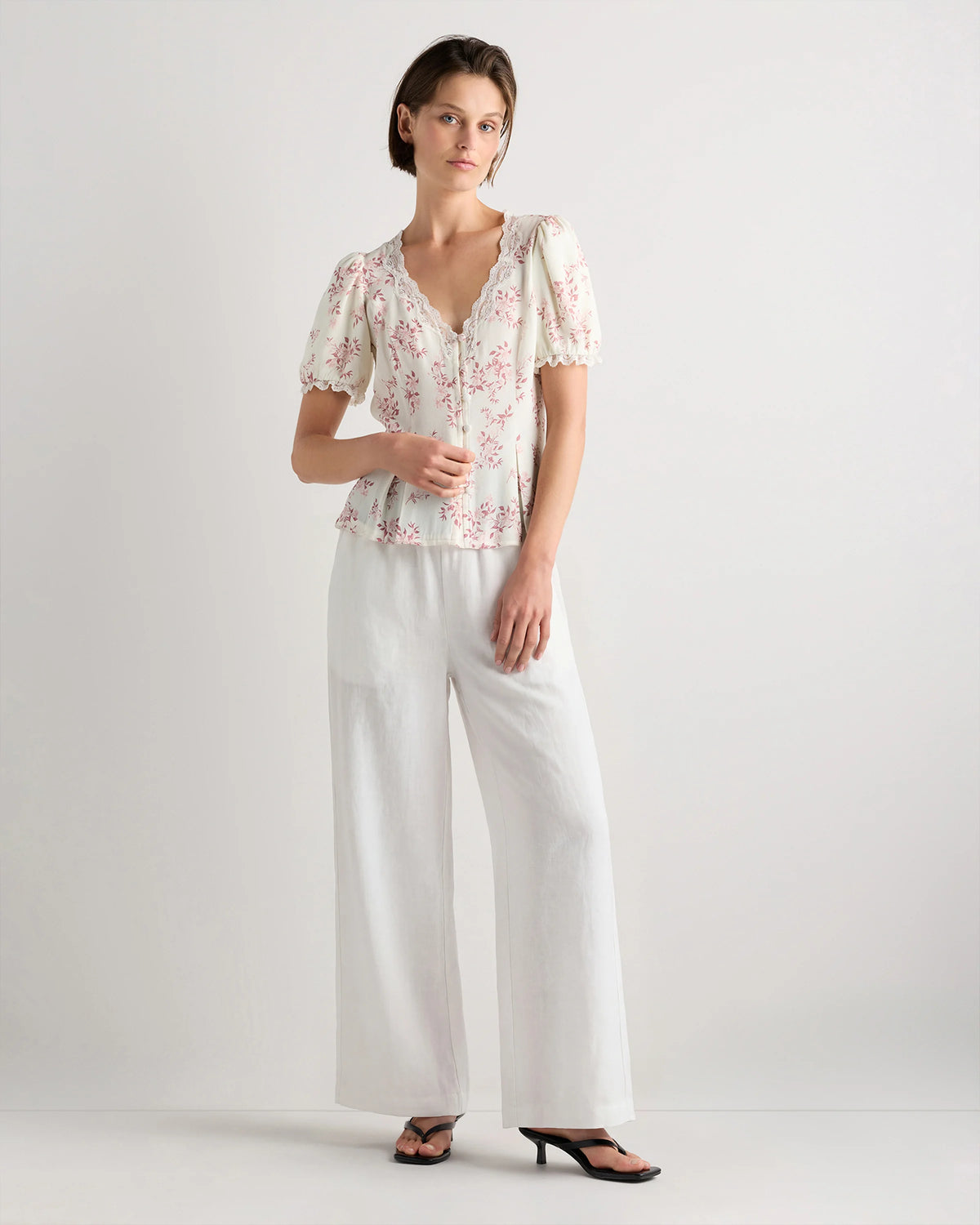 Lightweight Crepe Lace Puff Sleeve Blouse - XS / Ivory Rose Pink Petite Floral