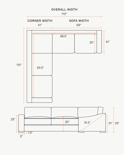 Hollis Slope Arm L Sectional in Performance Velvet - 110x110 / Gunmetal