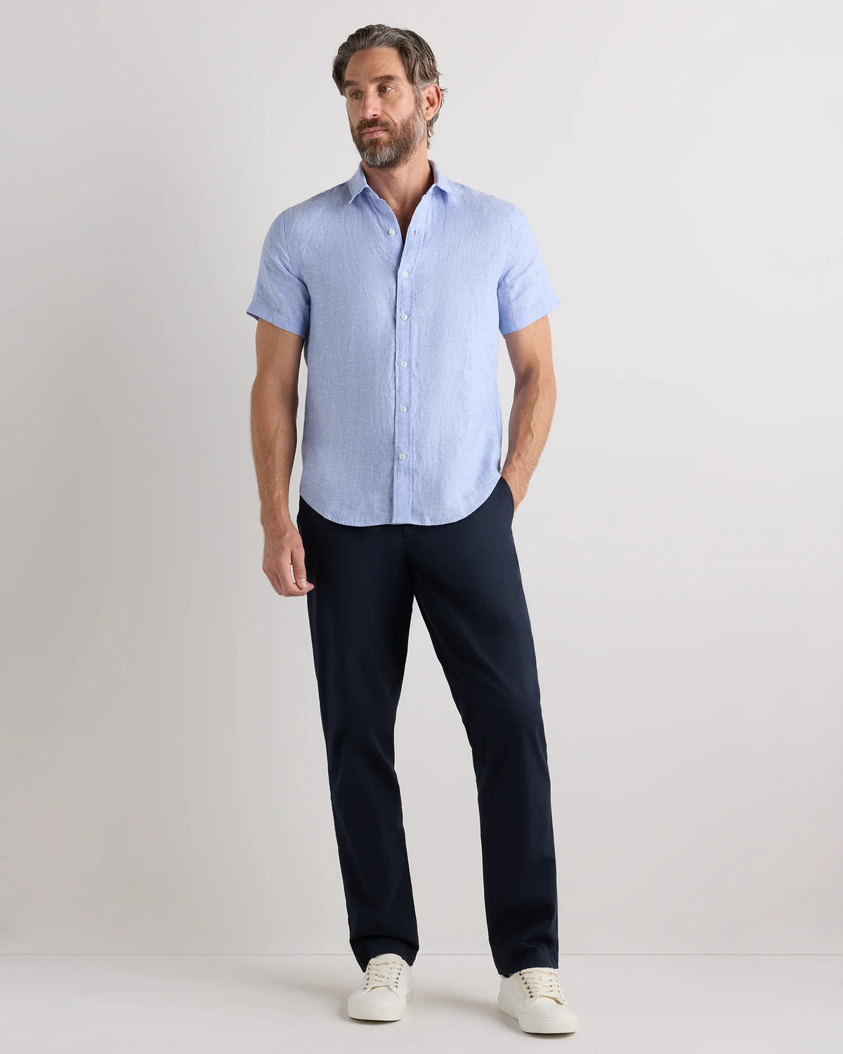100% European Linen Relaxed Short Sleeve Shirt - XS / Taupe Brown Chambray